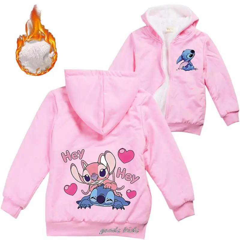 Lilo And Stitch Kids Jackets Boys Winter Thick Coats Warm Fur Outerwear For Youth Girls Hooded Jacket Children\'s Clothes 2-16Y