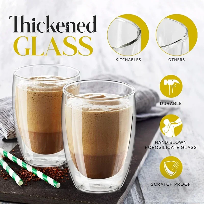 2PCS Double Wall Glass Clear Handmade Heat Resistant Tea Drink Cups Healthy Drink Mug Coffee Milk Cups 250/350/450ML Drinkware