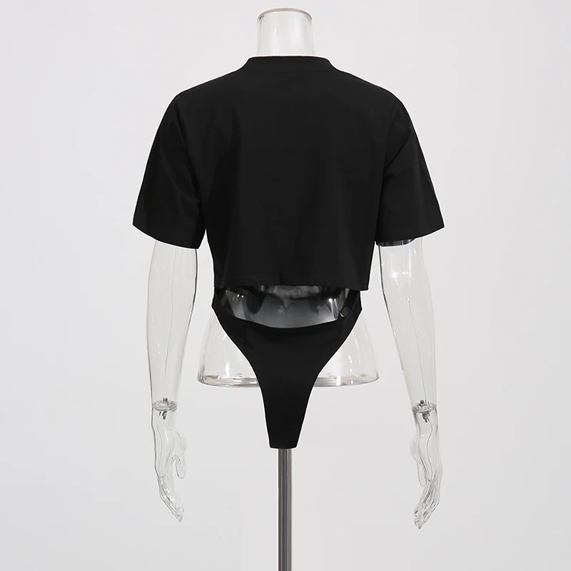 TWOTWINSTYLE Solid American Sexy Slimming Tees for Women O Neck Short Sleeve Patchwork Letter Irrgular T Shirts Female New