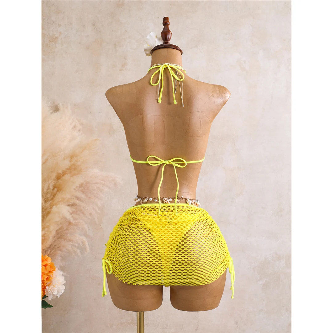 Mit Rock 3D-Blumen-Halter-Bikini Damen-Badebekleidung, dreiteiliges Bikini-Set, gepolsterter Badeanzug, Badebekleidung, Schwimmen V8346 – Detail 14
