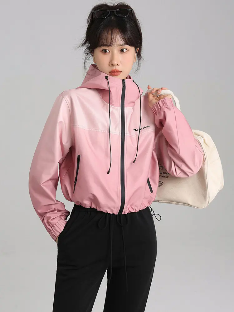 Gradient Hooded Short Jacket Women Lady Lightweight Windbreaker Coat Casual Outdoor Zip Up Crop Jacket Chic Spring Outerwear