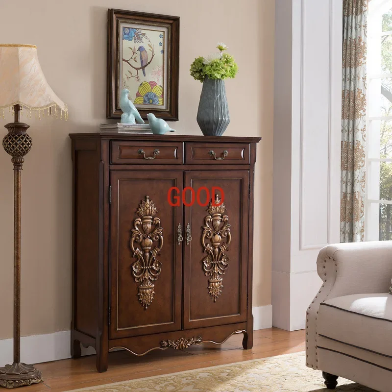 Solid Wood Shoe Cabinet Large Capacity Multifunctional Storage Cabinet Vintage Engraving Painted Locker