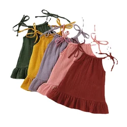 Vestido sem mangas de verão para bebês meninas com babados, sarafan, vestidos infantis de linho de algodão, vestidos escorregadios de musselina, roupas