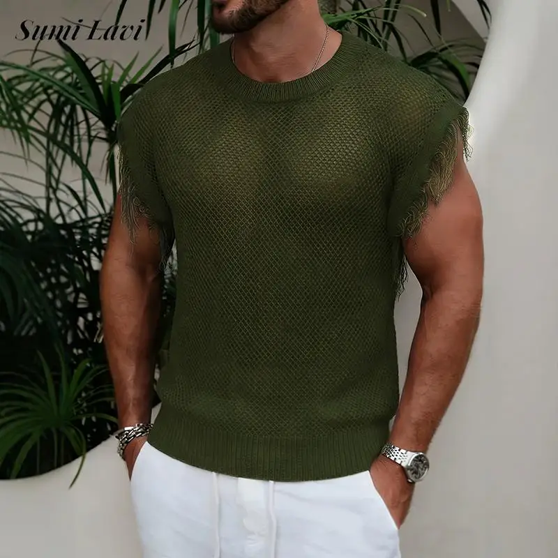 Summer Outdoor Breathable Camisole Mens Streetwear Vintage Ripped Sleeveless Tank Tops Knitting Hollow Out Transparent Vest