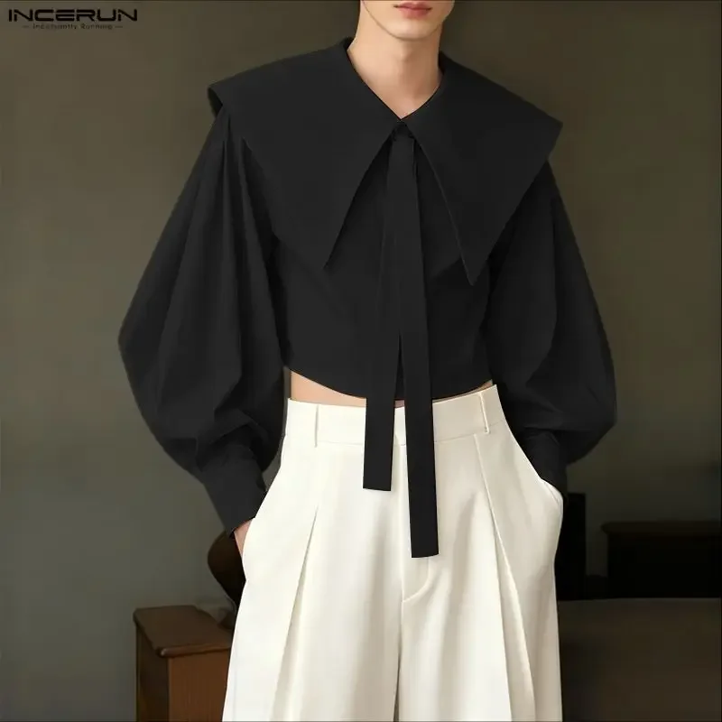 INCERUN Men Shirt Solid Color Navy Collar Long Sleeve Casual Crop Tops Men Streetwear Loose Elegant Fashion Men Clothing S-5XL