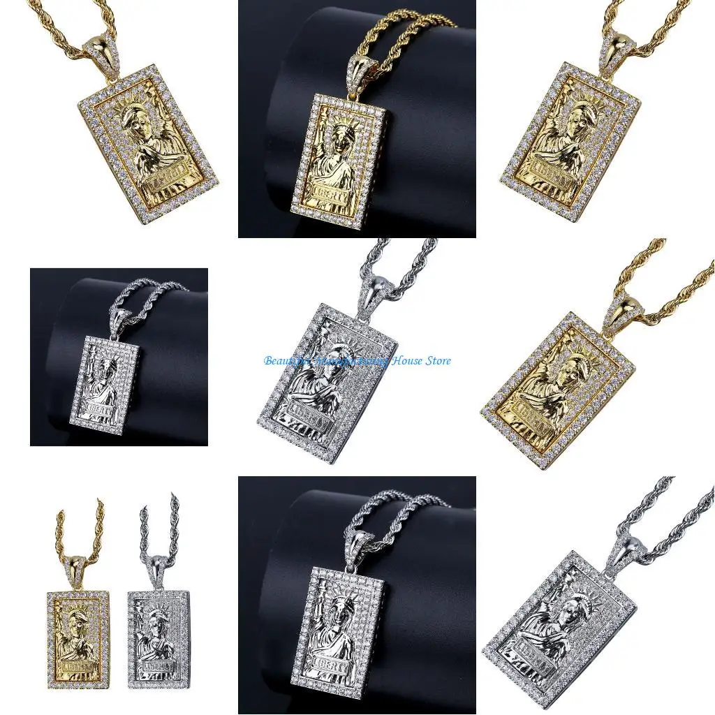 

E56A Retro Engraved Copper Zirconia Pendant Necklace Fashion Accessory Gold Silver
