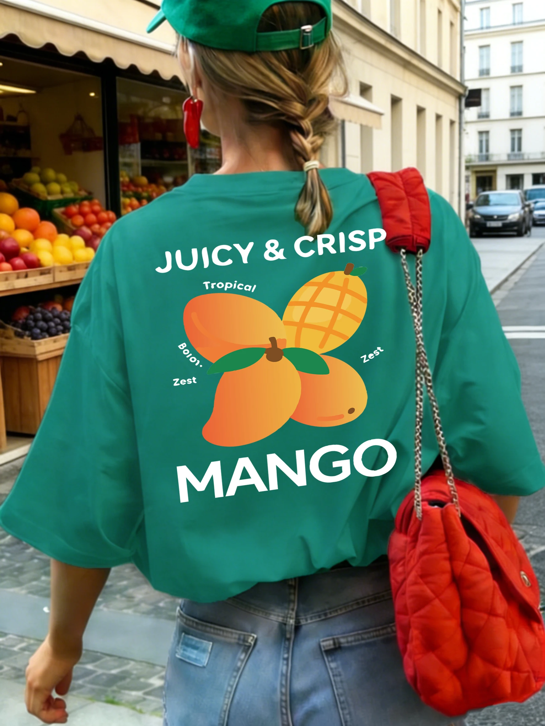 Camiseta cómoda y transpirable con estampado de mango crujiente para mujer, ropa de verano que combina con todo, camiseta moderna con cuello redondo, camisetas Hip Hop Y2K