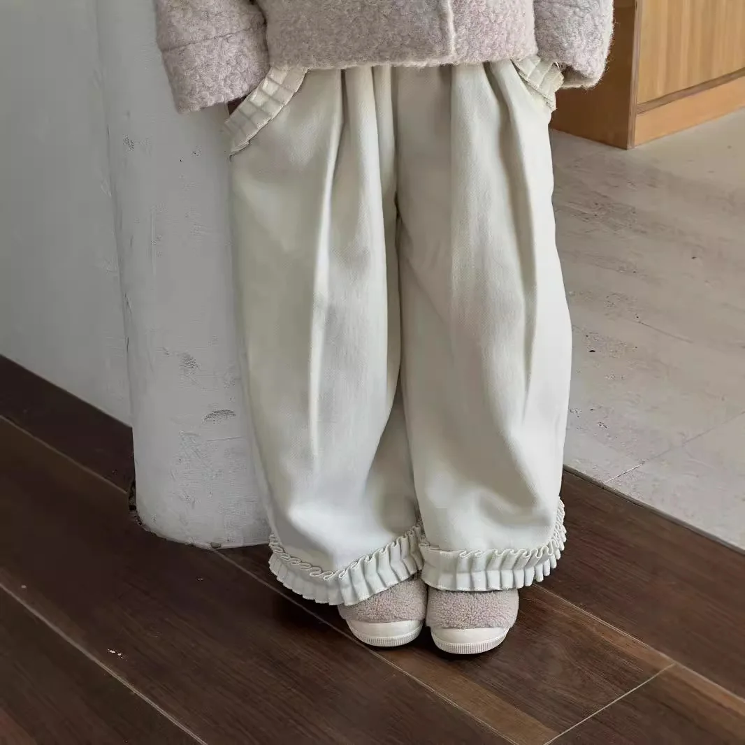 Girls Pants Autumn Winter 2024 New Fashion Wood Ear Edge Girls Flannel Pants Wide Leg Pants Autumn Simple Casual Trousers image 2