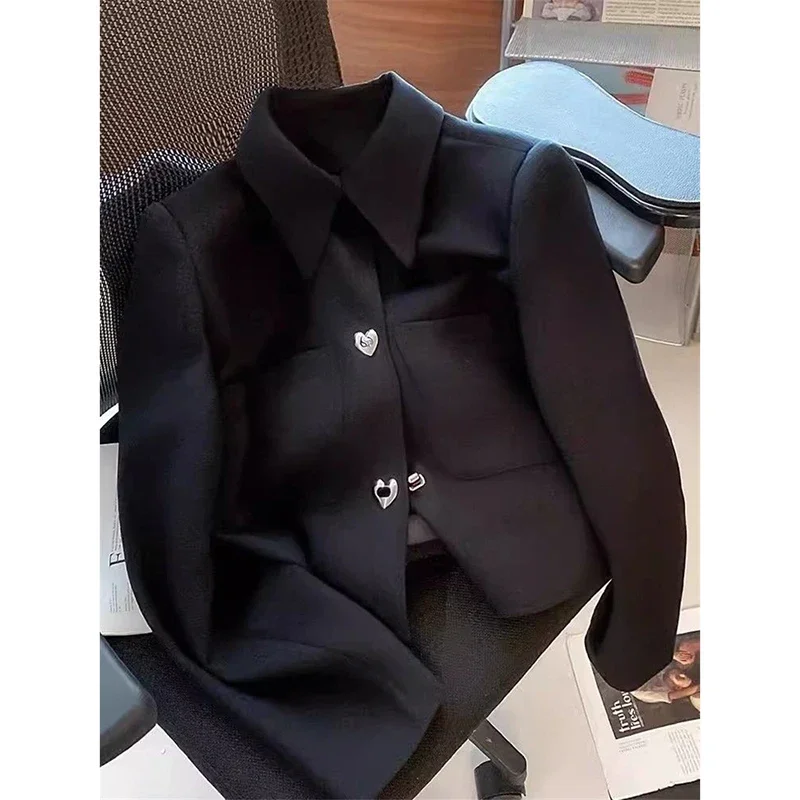 

Women Black Short Jacket Stylish Autumn Winter Coat Fashion Outwear Design Pocket Love Button Small Fragrant Suit