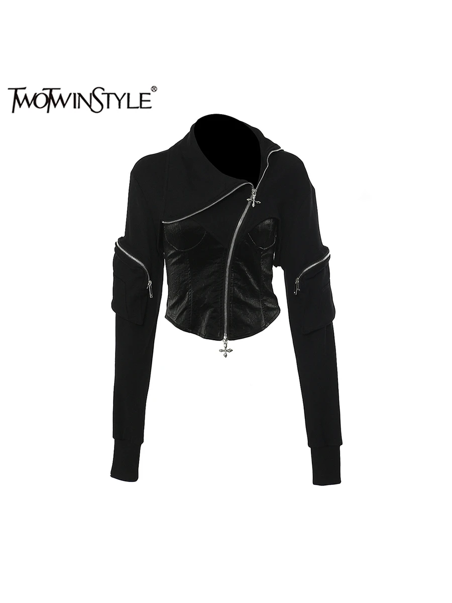 TWOTWINSTYLE  Solid Slimming Streetwear  Jackets For Women Turn Down Collar Long Sleeve  Patchwork Zippers Jackets Female New