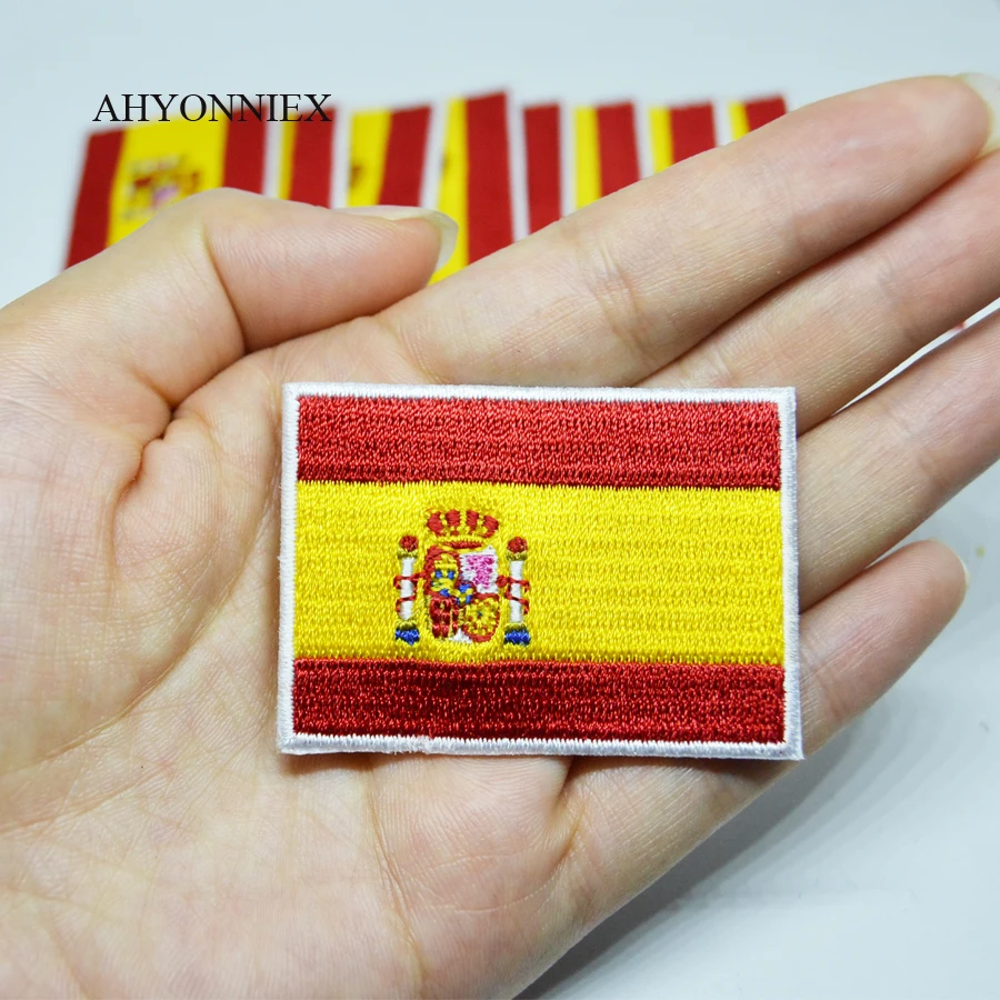 5 Pieces Spain Flag Iron on Patch Embroidery Sticker, 3.5*5.5 cm Backpack Jacket DIY Decoration, Armband Badge