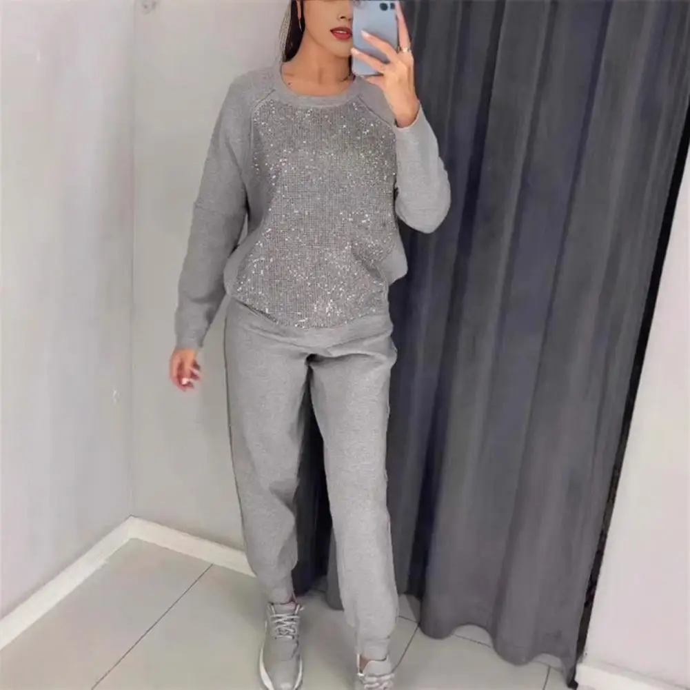 2 Pcs/Set Women Top Pants Suit Rhinestone Decor O Neck Long Sleeves Patchwork Sport Sweatshirt Elastic Waist Trousers Fitness