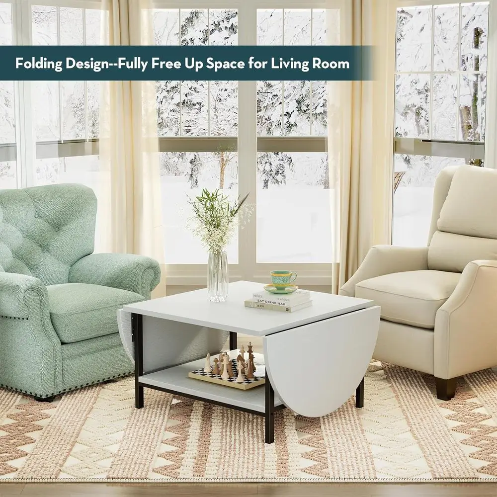 White 2-Tier Storage Coffee Table with Foldable Panels for Living Room, Suitable for Any Space