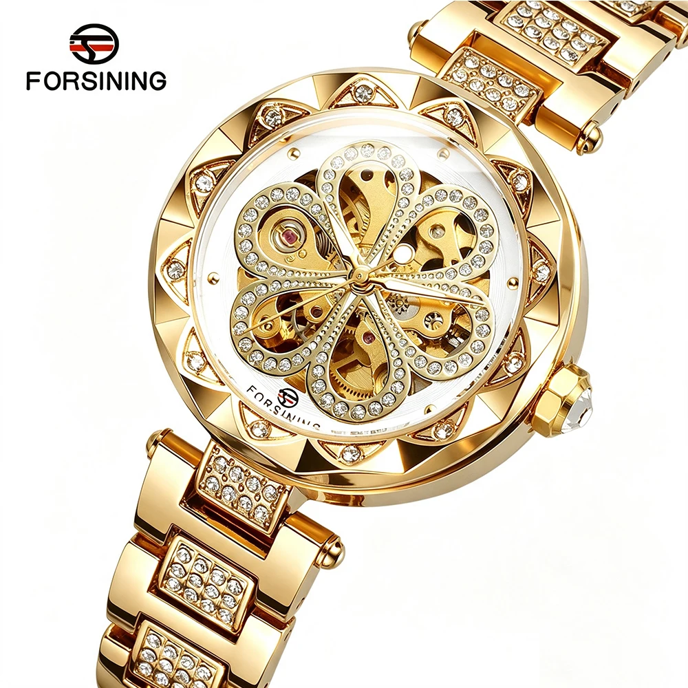FORSINING Luxury Gold Women Automatic Mechanical Watches Waterproof Luminous Diamond Bezel Stainless Steel Elegant Ladies Clock