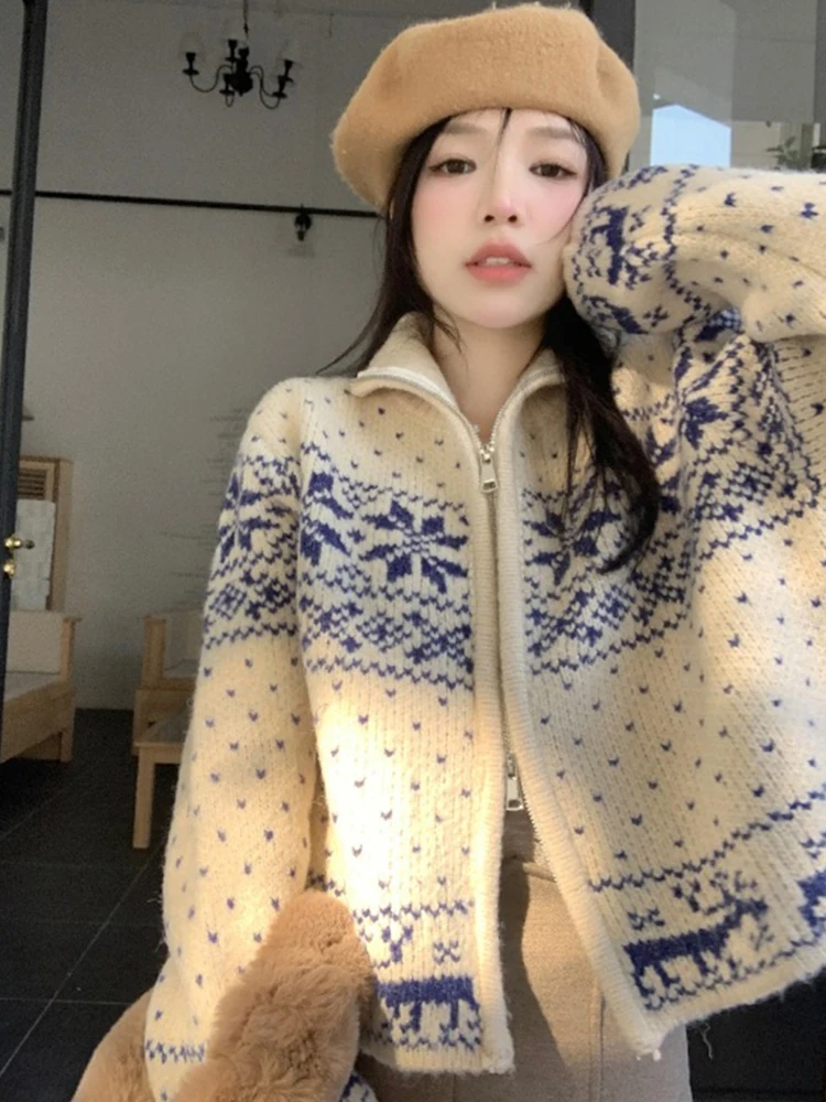 Snowflake Knitted Sweater Women Japanese Vintage Harajuku Short Cardigan Female Autumn Winter Casual Long Sleeve Zipper Knitwear