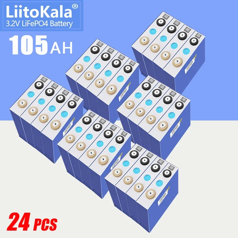 

24pcs LiitoKala 3.2V 105Ah Lifepo4 Rechargeable Battery 1C Discharge For 12V 24V E-vehicle RV Solar Storage Golf Cart Inverter