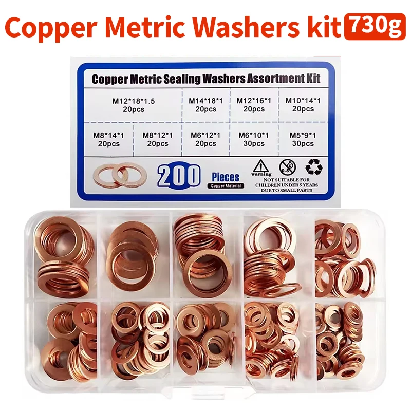 

200Pcs/Box Washer Copper Sealing Solid Gasket Washer Sump Plug Oil For Boat Crush Flat Seal Ring Tool