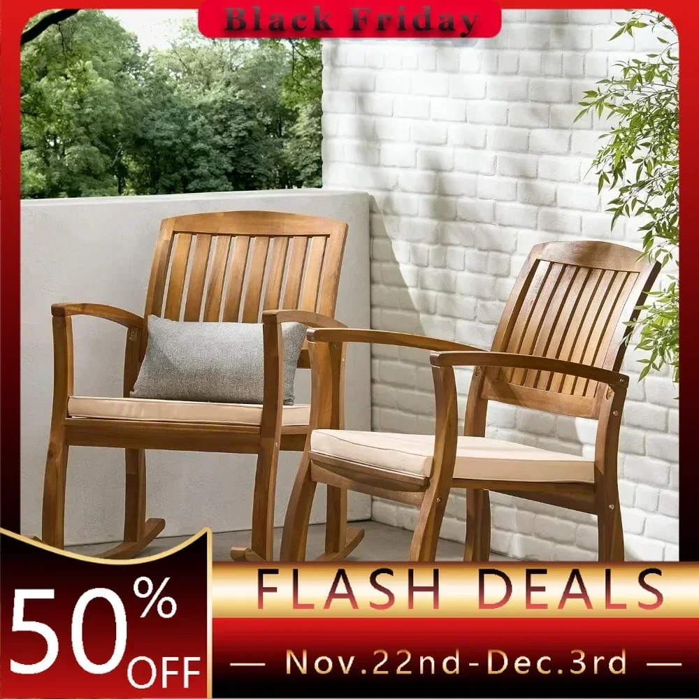 Wooden Rocking Chair with Cushion, 2-piece Set, Teak Veneer