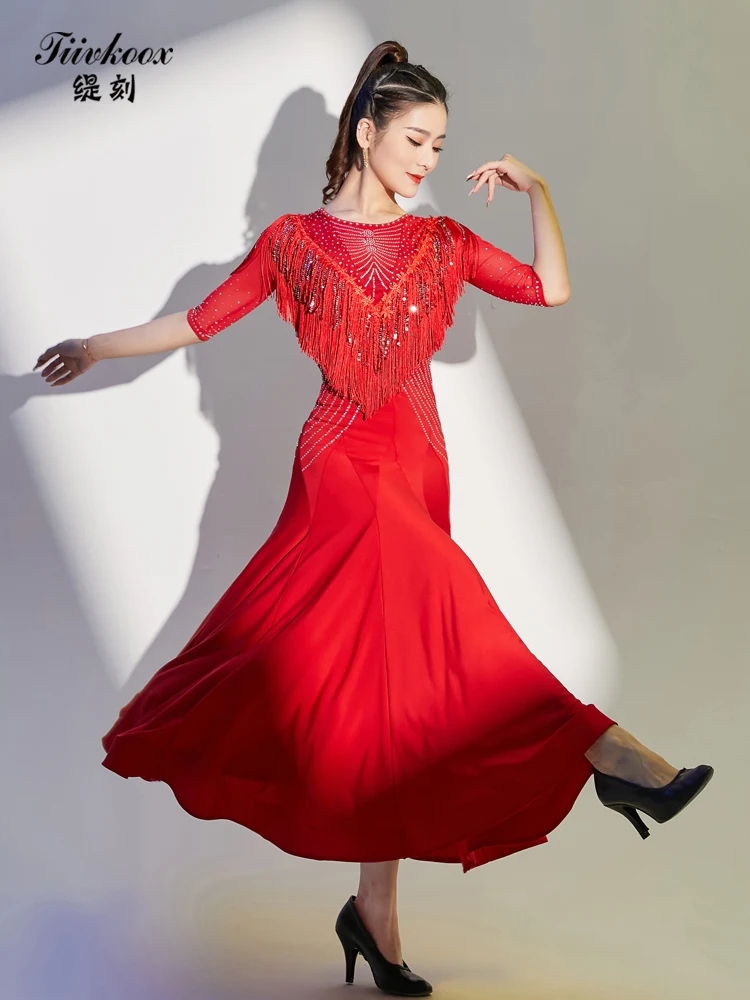 X2157 Dame Moderne Dans Jurk Dames Meisjes Danspak Wals Ballroom Dans Latin Dans Kwastje Rok Prestaties Jurk