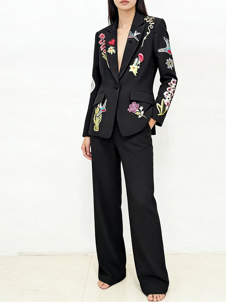 

Модный черный комплект из двух предметов с вышивкой — пиджак с v-образным вырезом и цветочным принтом, брюки на заказ, элегантный модный брючный костюм