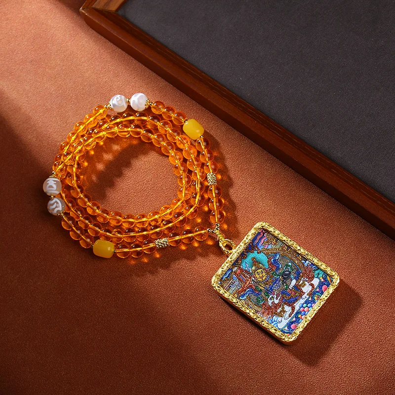 Tibetan Thangka Yellow God of Wealth Yellow Glass Pendant Necklace High Grade Cultural and Artistic Accessories Hanging Ornament