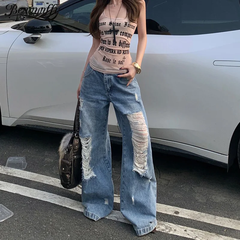 

Benuynffy Retro Low-rise Loose Straight Ripped Jeans Women's Streetwear Korean Fashion Bf style Baggy Denim Wide Leg Pants