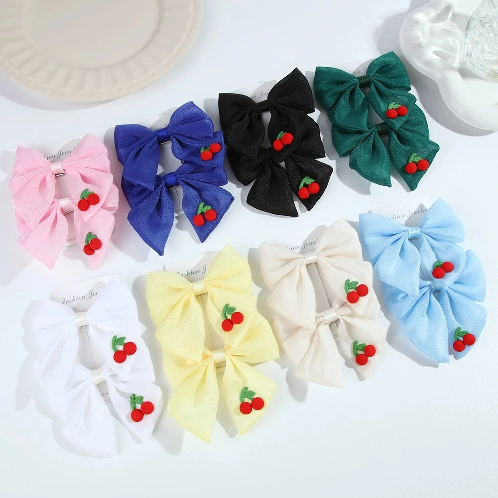 8pairs Cute Cherry Print Hair Clip for Girls Hair Accessories Chiffon Bowknot Hairpin Children Barrettes Candy Colors Side Clip