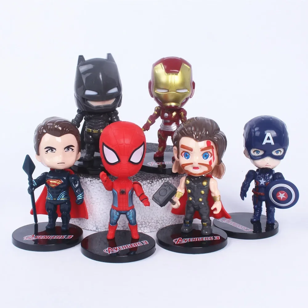 6PCS Marvel Avengers Superhero Iron Man Spider Man Thor Character Model Toys Q version Desktop Decorative Statue Series Doll
