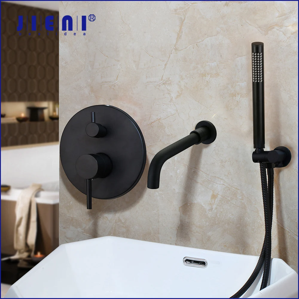 

JIENI Matte Black Wall Mounted Bathroom Basin Sink Faucets Bathtub Shower Faucet Set Dual Handles Holes Mixer Tap Shower Set