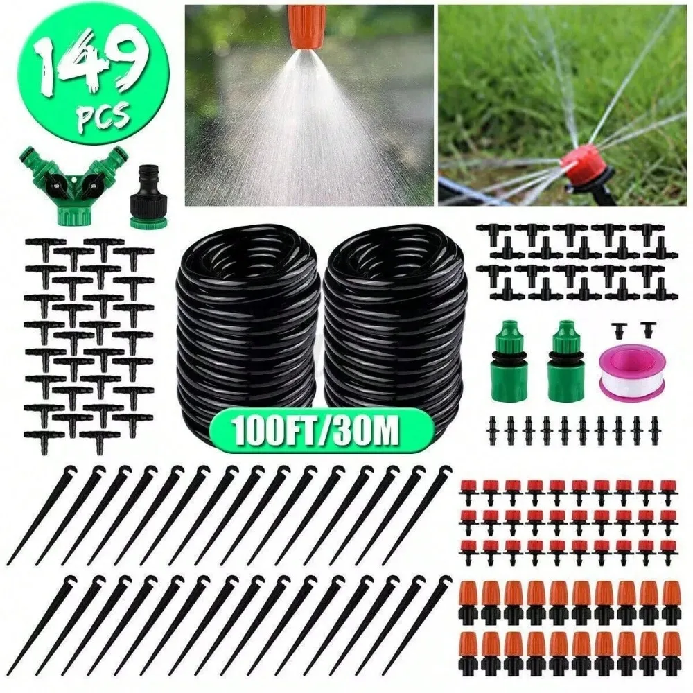 

100ft Self Watering Hose Micro Sprinkler Kit Drip Irrigation System，Drip Irrigation Kit for Garden Greenhouse, FlowerBed, Lawn