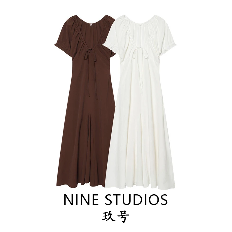 Vestido Midi de Manga Corta para Mujer NINE ZAR, Cuello en V, Lazo, Malla, Casual, Corte A, Tela de Poliéster, Primavera 2026