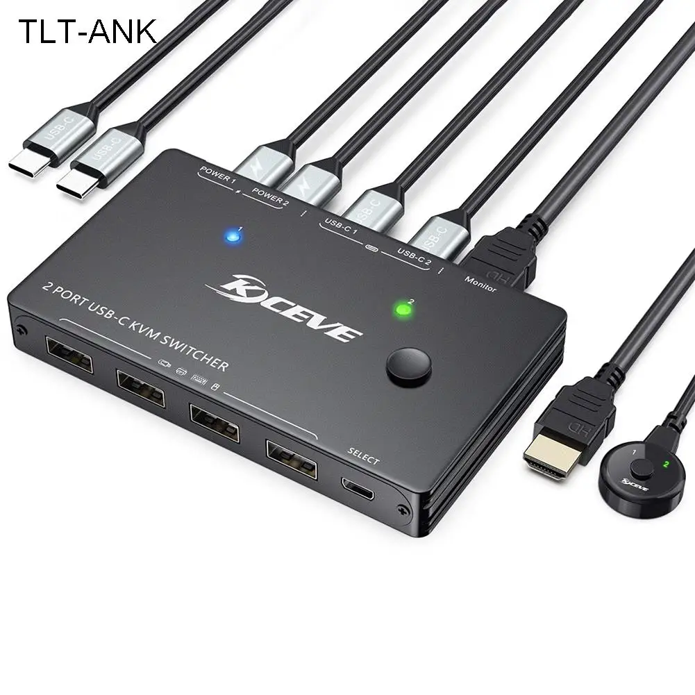 KVM Switch USB Type-C KVM Switch 4K@60Hz USB C Switch for 2 Computers Share 1 Monitor and 4 USB Devices PD 100 W Power