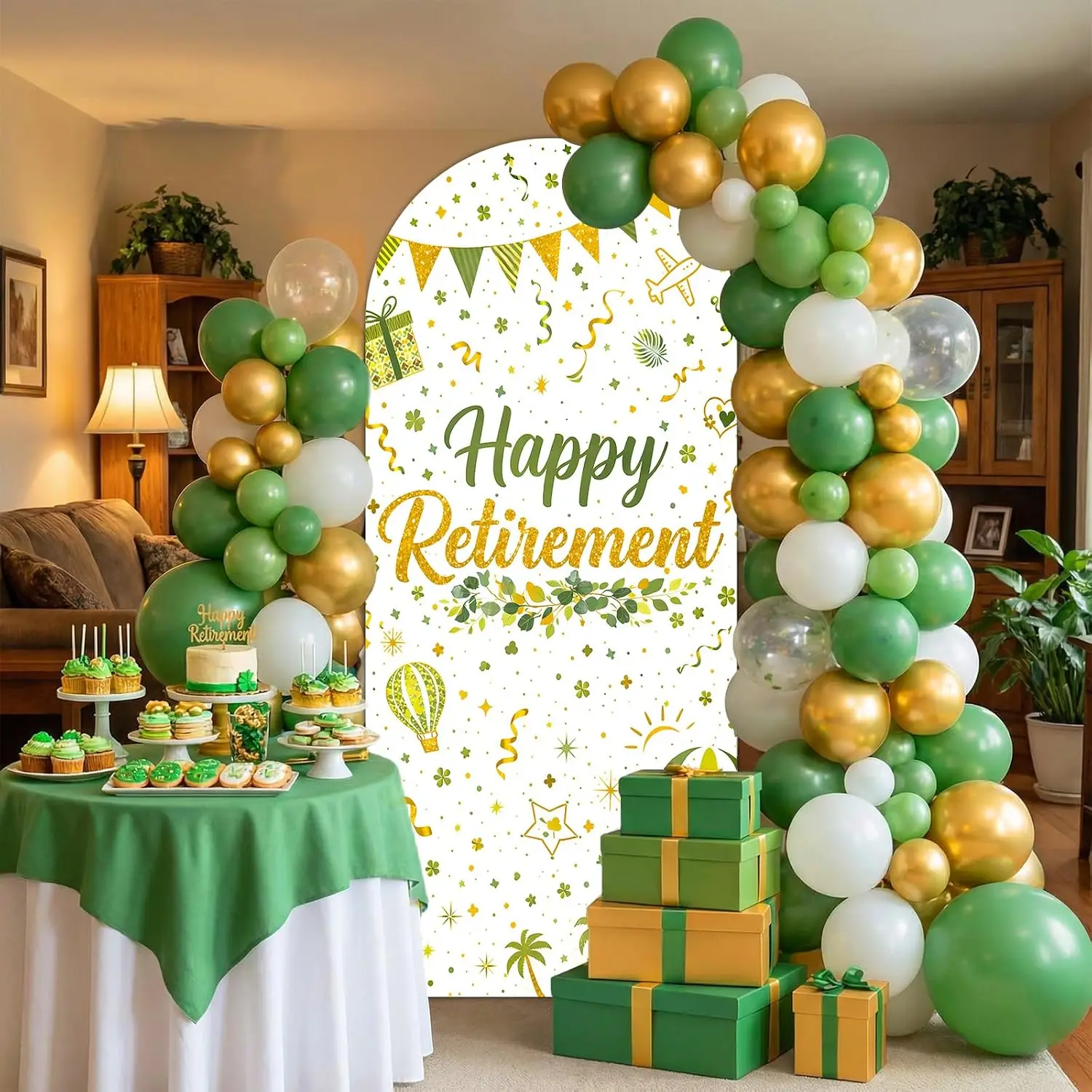 Custom 2-sided Green Gold Retirement Party Banner Backdrop Decor Happy Retired Chiara Arch Background Cover Supplies Photo Booth
