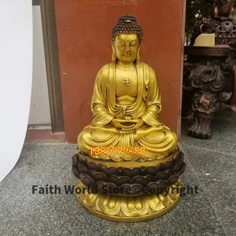 

47cm Large HUGE # HOME lobby hall Temple efficacious Talisman protection GOLD RU LAI Buddha brass Lotus carving Sculpture statue