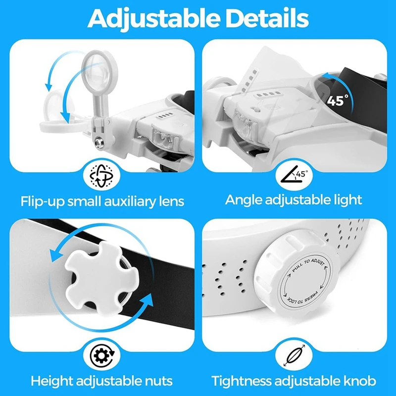 ABVJ- نظارات مكبرة مع ضوء، نظارات مكبرة لعصابة الرأس للعمل القريب، مع 5 عدسات ومصباح LED، ومكبر للرؤوس