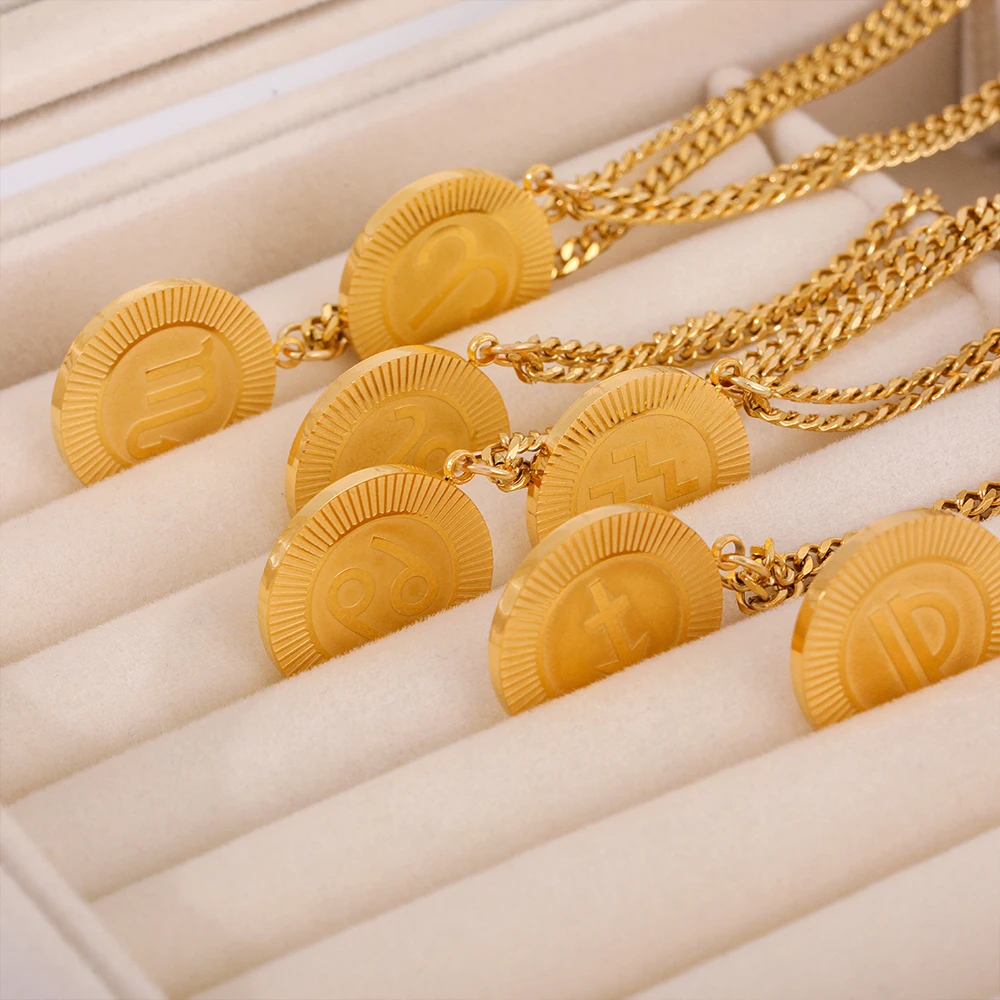 12 كوكبة رموز قلادة دائرية 18K مطلية بالذهب مقاوم للماء أسلوب فاسق جولة الرقبة مجوهرات هدية عيد ميلاد ل As #5