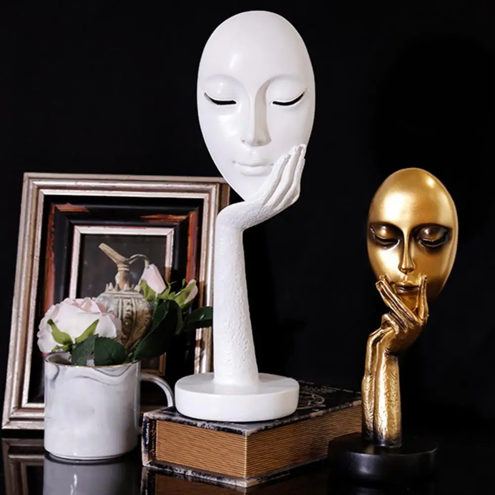 Abstract Contemplative Face Resin Sculpture, Minimalist Hand-on-Chin Bust Statue Creative Art Decor for Entryway Bookshelf