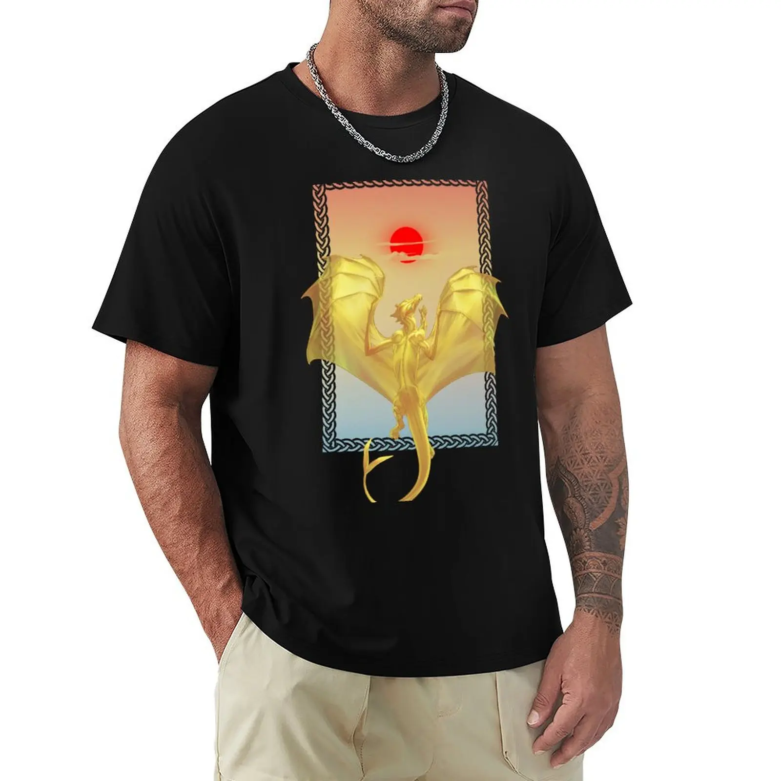 Sunset and a Golden Dragon with a celtic knotwork frame T-Shirt Festive Simple T-Shirt
