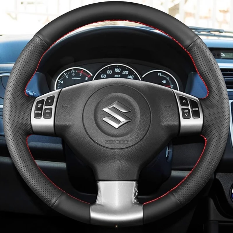 For Suzuki SX4 Alto Old Swift Opel Agila Hand-stitched Non-slip black Genuine Leather Car Steering Wheel Cover