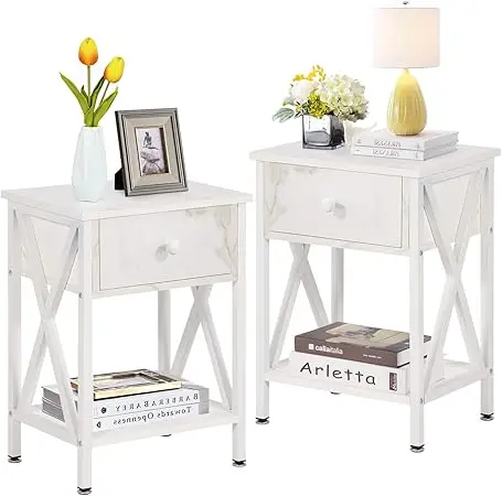 Nightstand,End Side Table with Der and Shel,X-Design Legs,Home Decoration or Living Room,Bedroom,Lounge,(Set o 2),Pearl