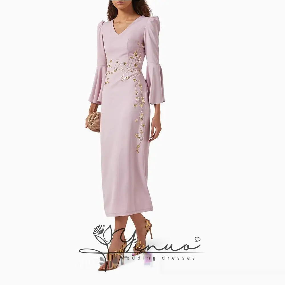 Customized Prom Dress V Neck Evening Dress Long Sleeves Formal Wedding Party Dress Tea Length Beading Saudi Gown