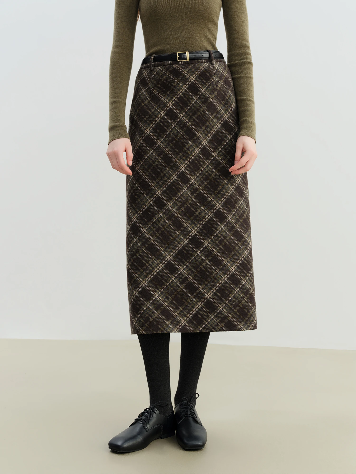 ZIQIAO 2025 Autumn Winter Women's Retro Plaid Straight Skirt - Mid-Length Wool Blend Midi Skirt for Casual and Elegant Wear