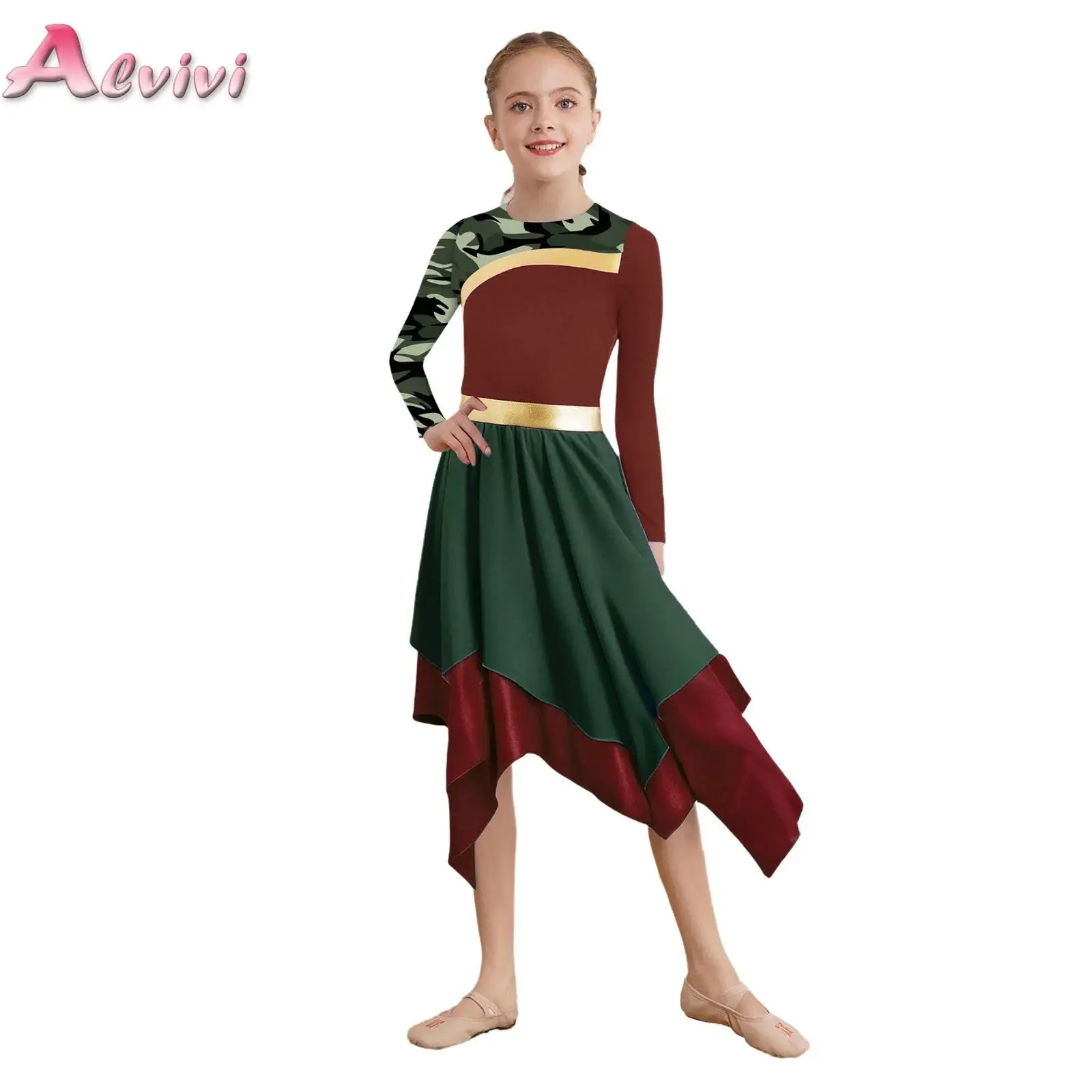 

Kids Stylish Printed Dress Girls Long Sleeve Color Block Irregular Hem Worship Contemporary Praise Dance Performance Costumes