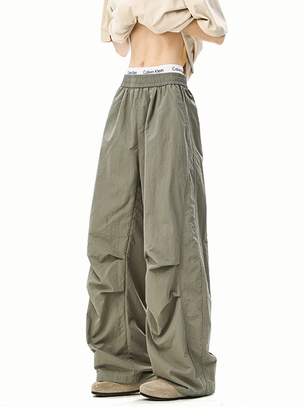 

Мужские плиссированные брюки из ледяного шелка с широкими штанинами, быстросохнущие, в американском стиле, с высокой талией, в стиле парашютиста, утягивающие, спортивные, для пар, Spr...