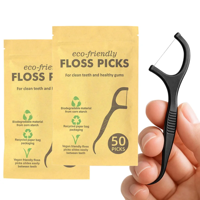 100 Unidades de Palillos de Hilo Dental Ecológicos, Biodegradables, Ultrafinos, Desechables, con Mango Antideslizante, Herramientas de Higiene Bucal