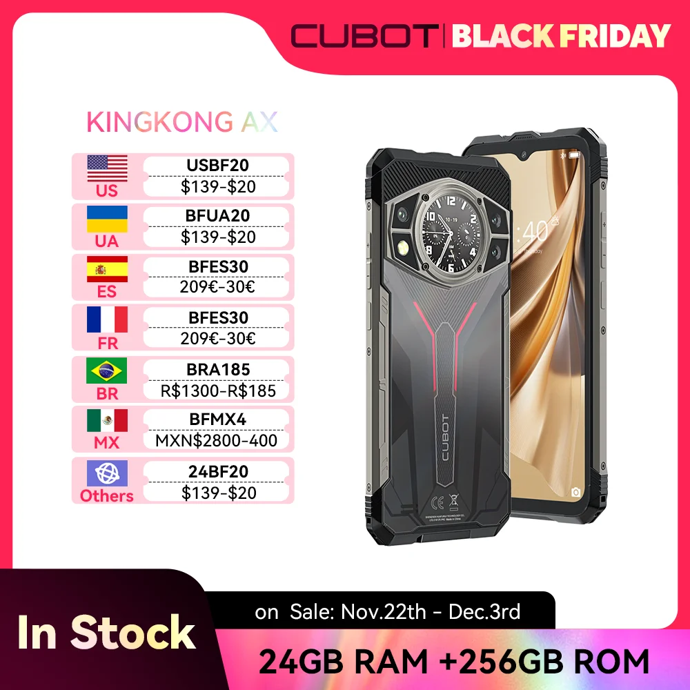 Cubot KINGKONG AX, Ultra-thin Rugged Smartphone Android 14, Helio G99, 24GB RAM(12+12GB), 256GB ROM, 120Hz Screen, 100MP, NFC