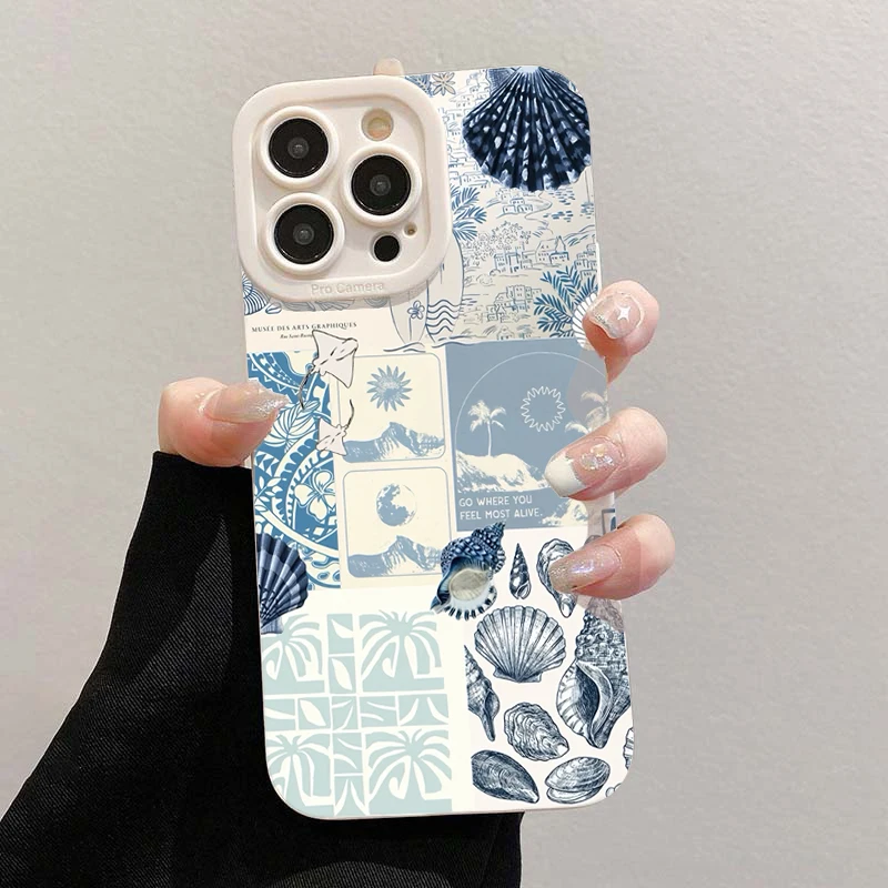Casing Ponsel Motif Kerang Laut, Rumput Laut, dan Pesisir untuk iPhone 17 16 15 14 13 12 11 Pro Max Mini XS XR 7 8 Plus 16e