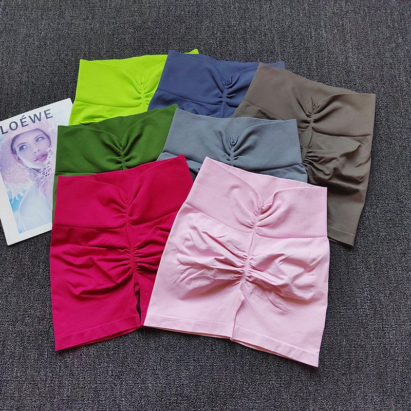 Pfirsichfarbene Shorts mit V-Taille, Fitnesshose für Damen, schlankmachende Sport- und Po-Trainingshose, Dreifach-Kreuzhose, High-Waist-Yoga-Hotpants – Detail 2