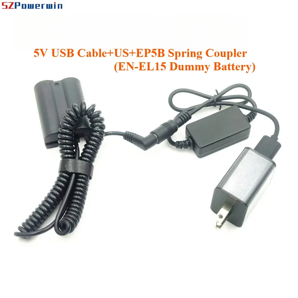 

5V Power Adapter Cable EP-5B DC Coupler Replace EN-EL15 Battery for Nikon D850 D810 D810A D800E D750 D610 D600 D7200 D7100 Z5 Z6