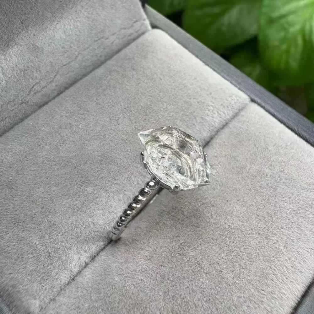 Anillo de Diamante Herkimer Natural S925, Piedra de Energía de Cristal, Curación Positiva, Anillo de Boda para Novia, Joyería de Curación para Mujer, Regalo, 1 Pieza